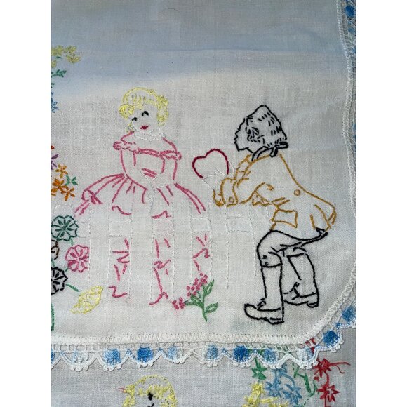 Vintage Hand Embroidered Table Runner Floral Romantic Couple Design White Multi - Picture 2 of 6